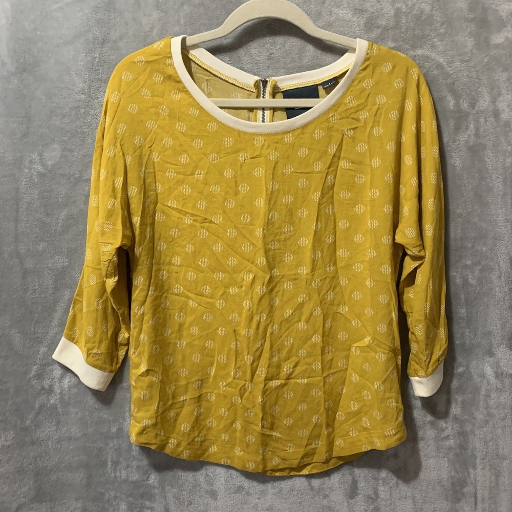 Maeve Anthropologie Women's Size 4 Yellow Polka Dot Rayon Top 3/4 Sleeve Back